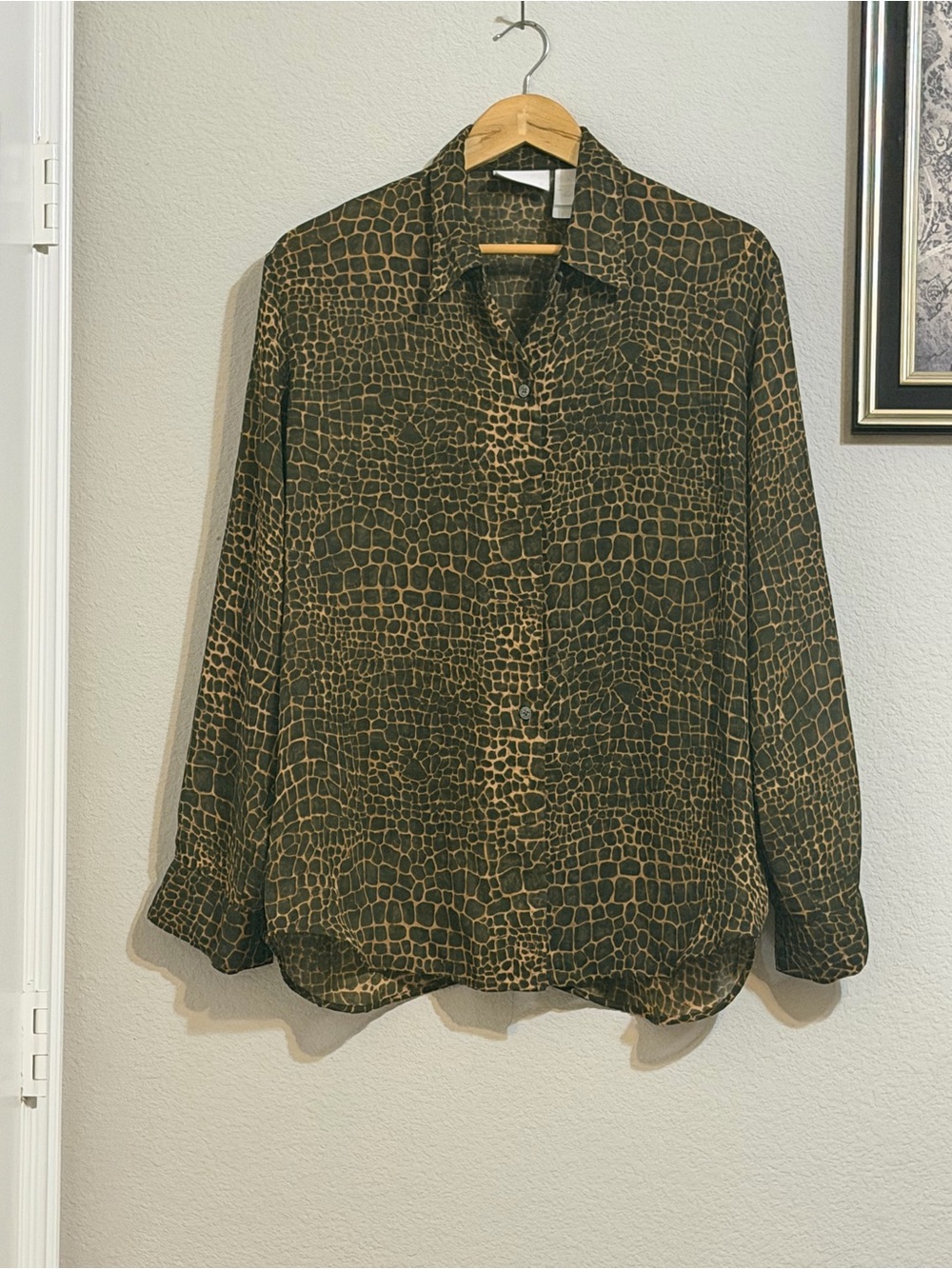 Liz Claiborne Green and Taupe Leopard Print Blouse